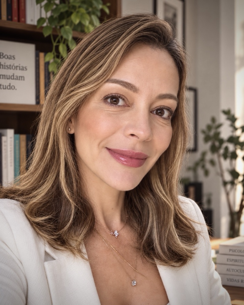Retrato de Alessandra Sprocatti, sorrindo, com cabelos castanhos com mechas claras e blazer branco, diante de uma estante de livros e plantas.