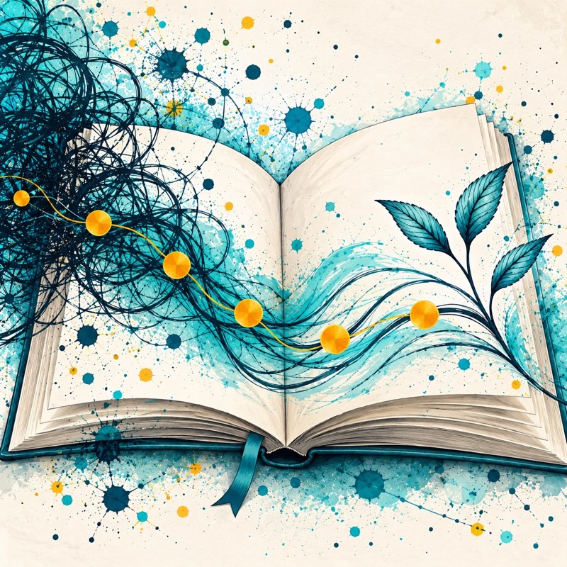 Ilustração de um livro aberto: de um lado, linhas emaranhadas em azul-escuro; no meio, cinco pontos dourados ligados por um fio; do outro lado, as linhas se acalmam e viram um ramo de folhas.