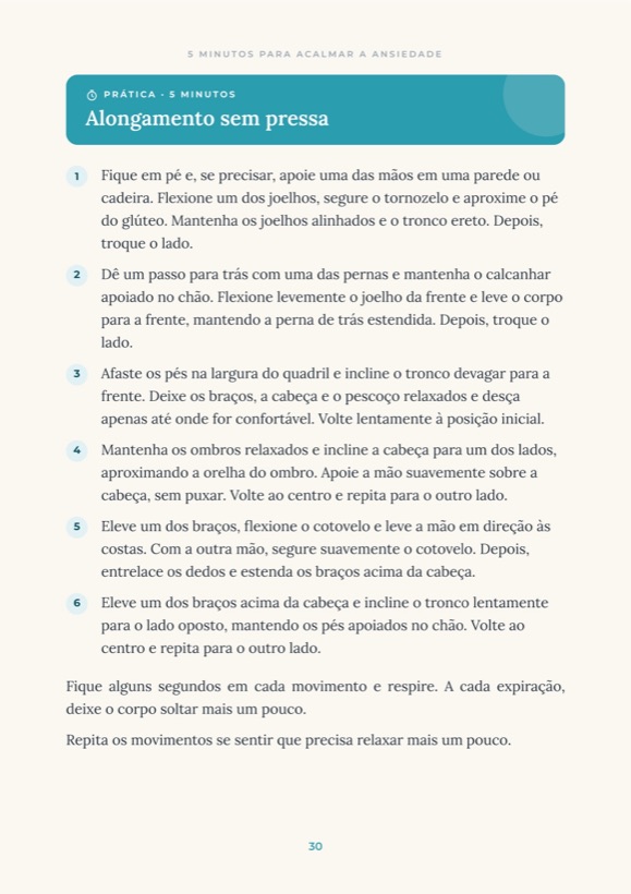Página da prática Alongamento sem pressa, com seis movimentos numerados.