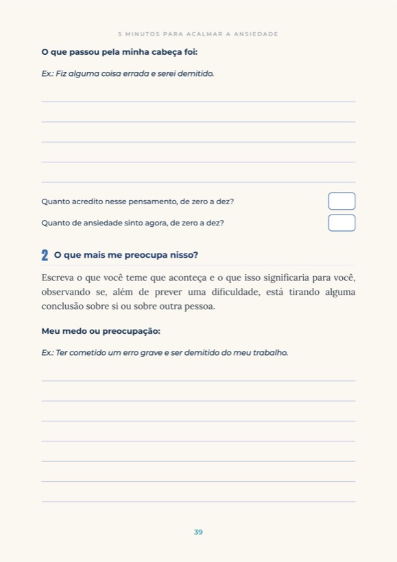 Página de exercício escrito do Dia 12, com linhas para anotar pensamentos e notas de zero a dez.