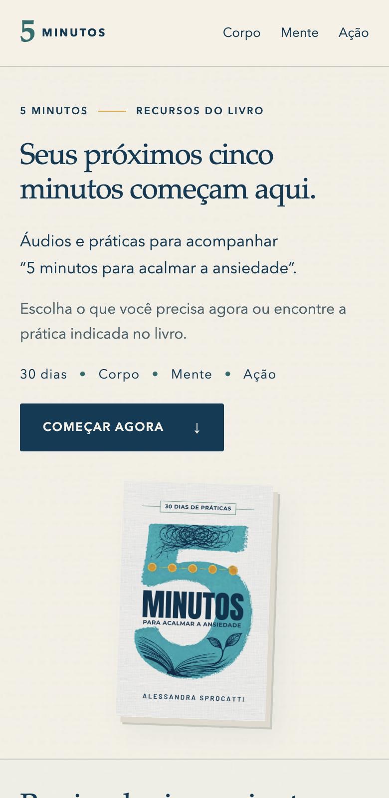 Tela da página de recursos complementares do livro no celular, com o título Seus próximos cinco minutos começam aqui e áudios e práticas para acompanhar o livro.